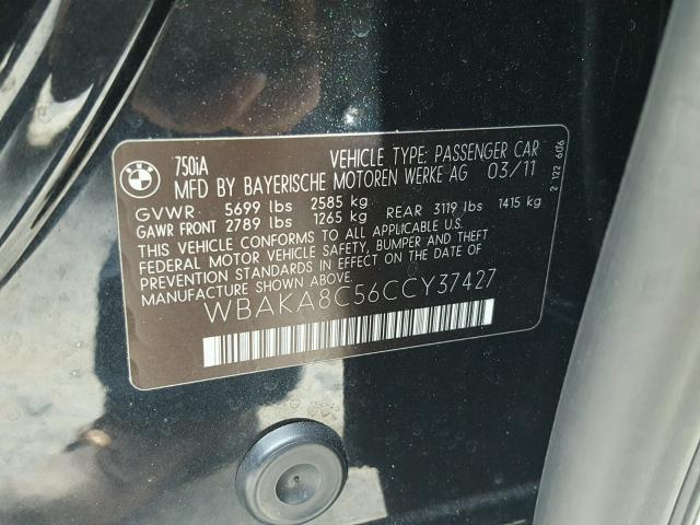 WBAKA8C56CCY37427 - 2012 BMW 750I BLACK photo 10