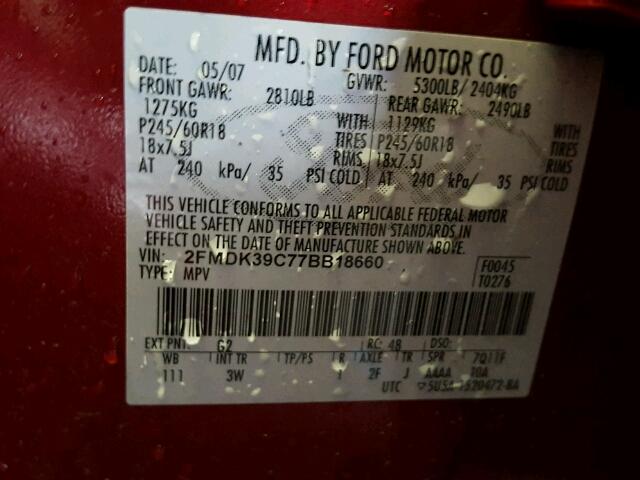 2FMDK39C77BB18660 - 2007 FORD EDGE RED photo 10