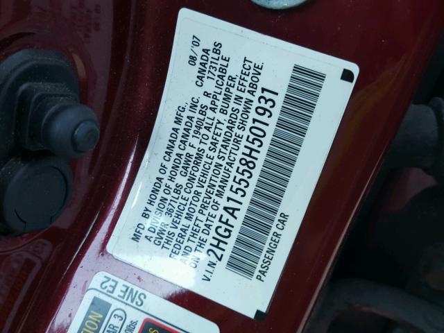 2HGFA15558H501931 - 2008 HONDA CIVIC LX RED photo 10