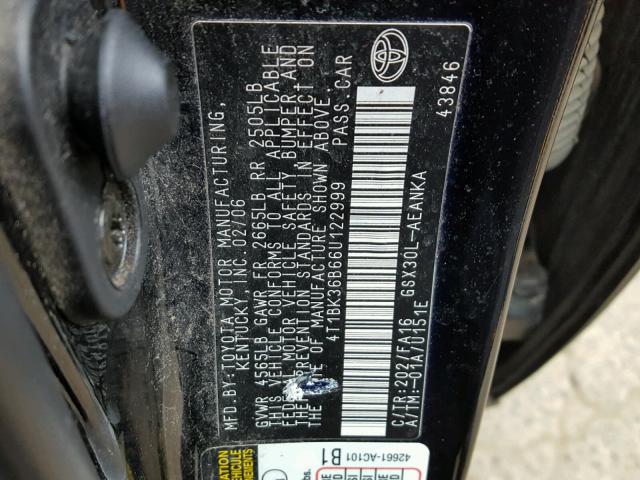 4T1BK36B66U122999 - 2006 TOYOTA AVALON XL BLACK photo 10