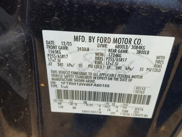 1FTRW12W46FA60155 - 2006 FORD F150 SUPER BLUE photo 10