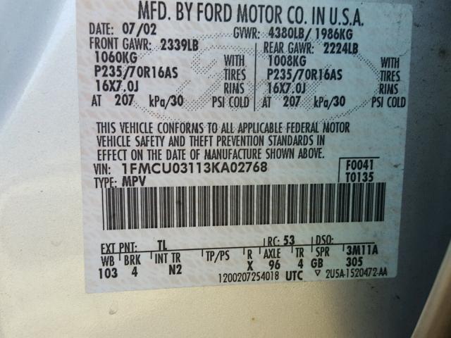 1FMCU03113KA02768 - 2003 FORD ESCAPE XLT SILVER photo 10