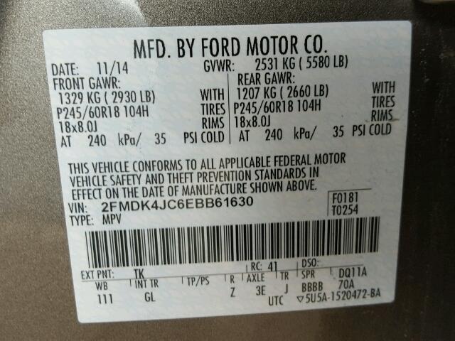 2FMDK4JC6EBB61630 - 2014 FORD EDGE SEL GRAY photo 10