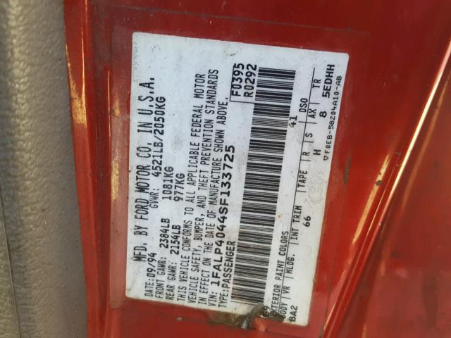 1FALP4044SF133725 - 1995 FORD MUSTANG RED photo 10