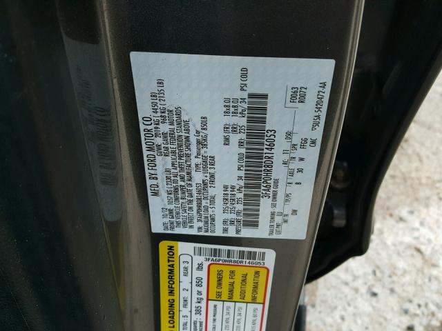 3FA6P0HR8DR146053 - 2013 FORD FUSION SE GRAY photo 10