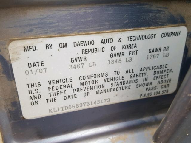 KL1TD56697B143173 - 2007 CHEVROLET AVEO BASE Көк фото 10
