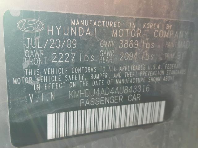 KMHDU4AD4AU843316 - 2010 HYUNDAI ELANTRA BL GREEN photo 10