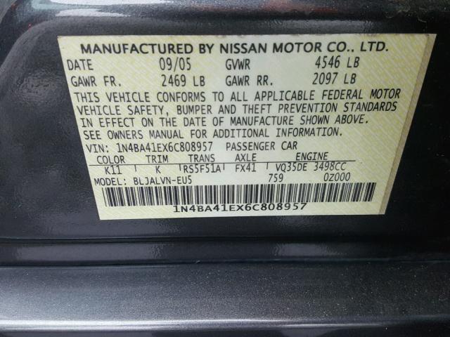 1N4BA41EX6C808957 - 2006 NISSAN MAXIMA SE GRAY photo 10