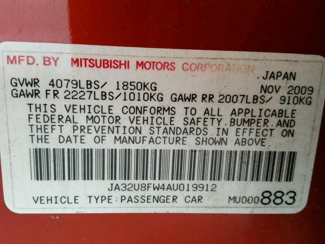 JA32U8FW4AU019912 - 2010 MITSUBISHI LANCER GTS RED photo 10