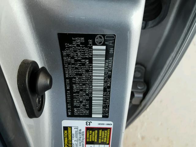 2T1BU4EE5CC881443 - 2012 TOYOTA COROLLA BA GRAY photo 10