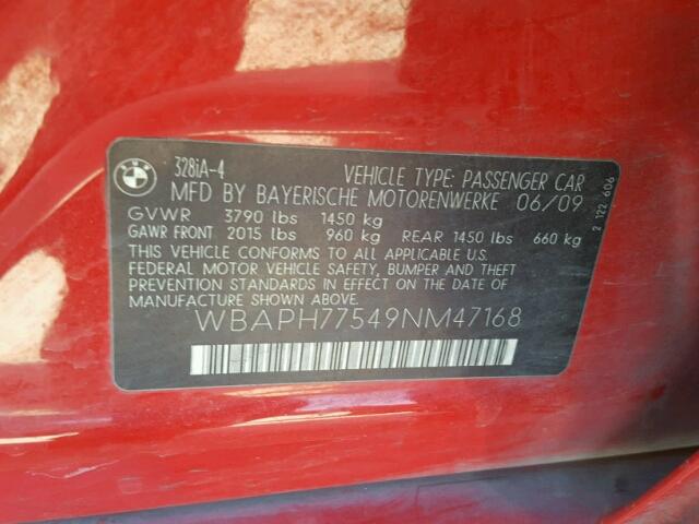 WBAPH77549NM47168 - 2009 BMW 328 I RED photo 10