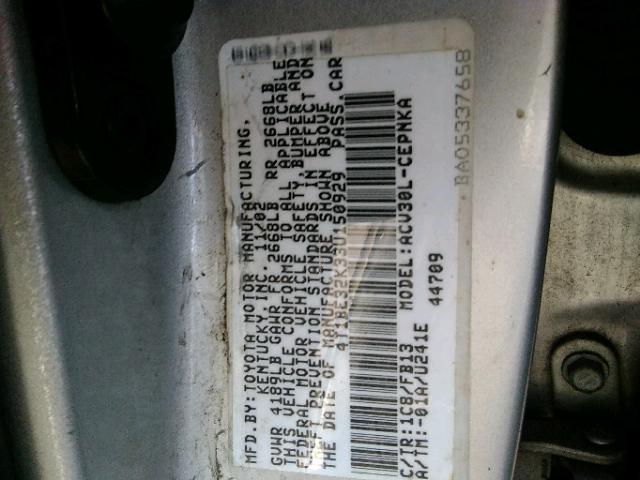 4T1BE32K33U150929 - 2003 TOYOTA CAMRY LE SILVER photo 10