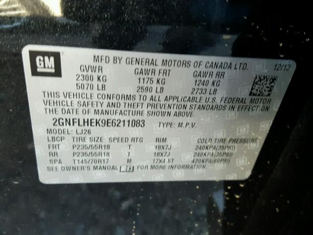 2GNFLHEK9E6211083 - 2014 CHEVROLET EQUINOX LT BLACK photo 10