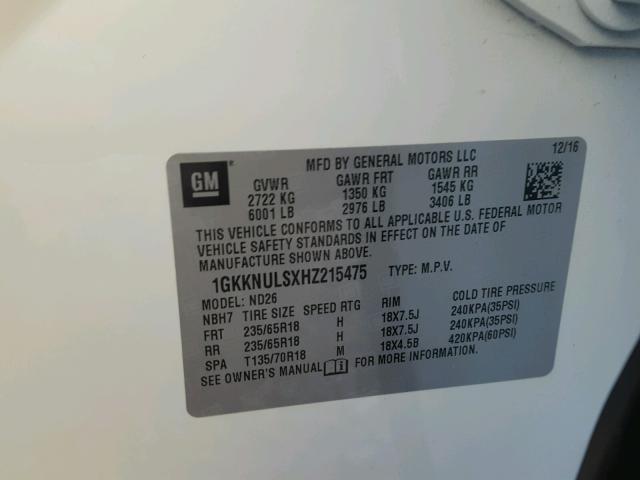 1GKKNULSXHZ215475 - 2017 GMC ACADIA SLT თეთრი ფოტო 10