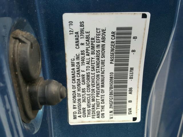 2HGFG1B67BH509810 - 2011 HONDA CIVIC LX Azul foto 10