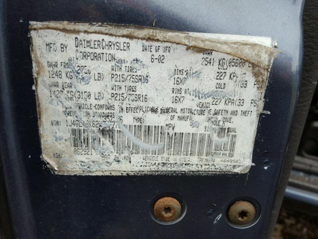 1J4GL48K62W357776 - 2002 JEEP LIBERTY SP BLUE photo 10