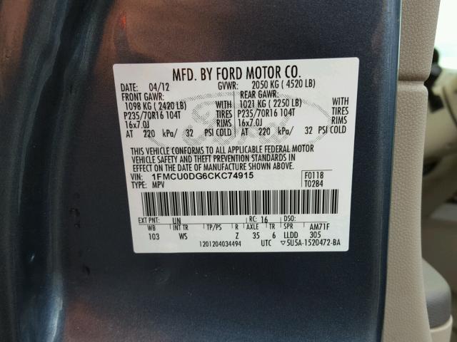 1FMCU0DG6CKC74915 - 2012 FORD ESCAPE XLT BLUE photo 10