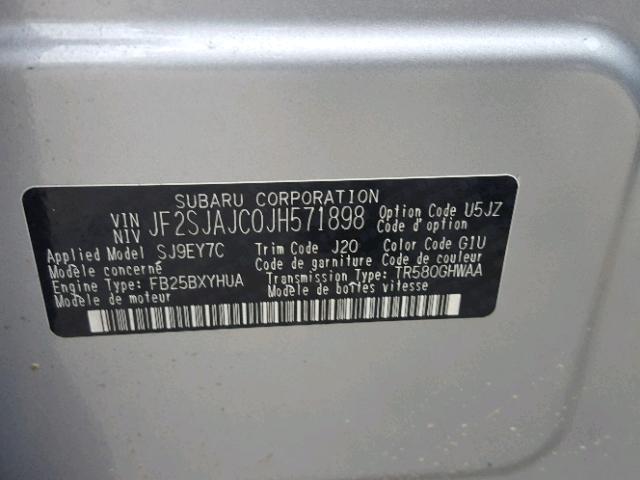 JF2SJAJC0JH571898 - 2018 SUBARU FORESTER 2 SILVER photo 10