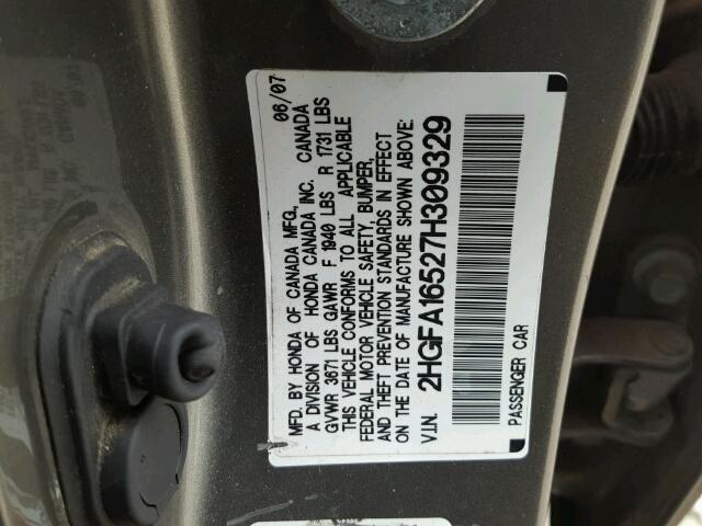 2HGFA16527H309329 - 2007 HONDA CIVIC LX GRAY photo 10