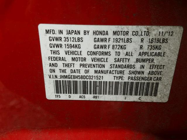 JHMGE8H58DC021521 - 2013 HONDA FIT SPORT RED photo 10