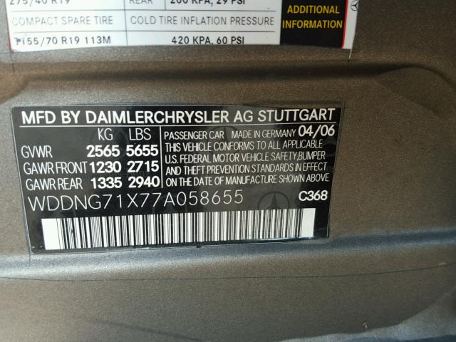 WDDNG71X77A058655 - 2007 MERCEDES-BENZ S 550 CHARCOAL photo 10