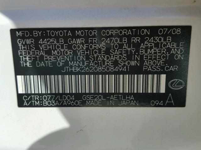 JTHBK262085084941 - 2008 LEXUS IS 250 WHITE photo 10