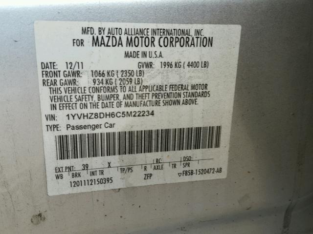 1YVHZ8DH6C5M22234 - 2012 MAZDA 6 I SILVER photo 10