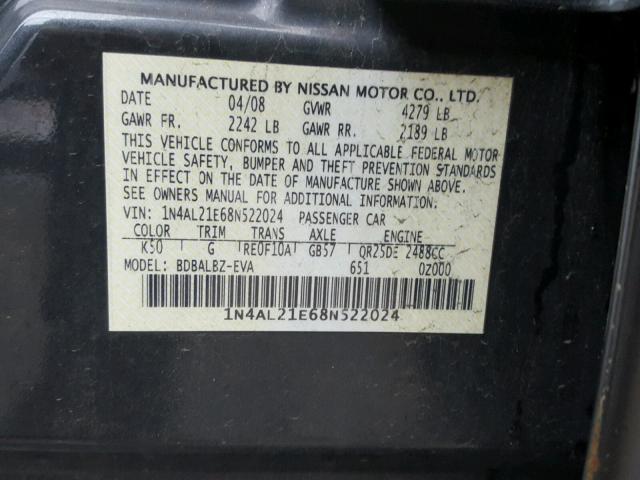 1N4AL21E68N522024 - 2008 NISSAN ALTIMA 2.5 GRAY photo 10