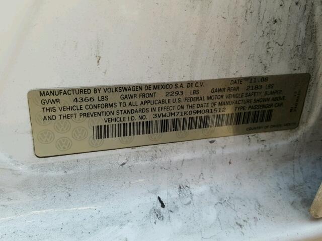 3VWJM71K09M081512 - 2009 VOLKSWAGEN JETTA S 白色 照片 10