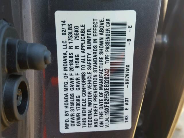 19XFB2F5XEE020242 - 2014 HONDA CIVIC LX CHARCOAL photo 10