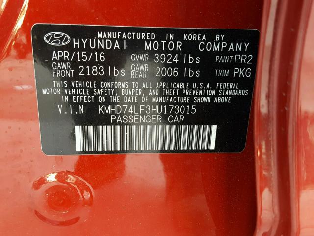 KMHD74LF3HU173015 - 2017 HYUNDAI ELANTRA SE RED photo 10