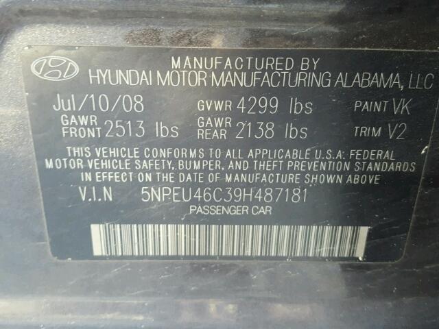 5NPEU46C39H487181 - 2009 HYUNDAI SONATA SE BLACK photo 10