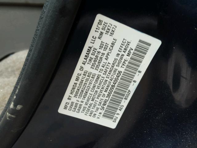 5FNRL38609B400406 - 2009 HONDA ODYSSEY EX BLUE photo 10