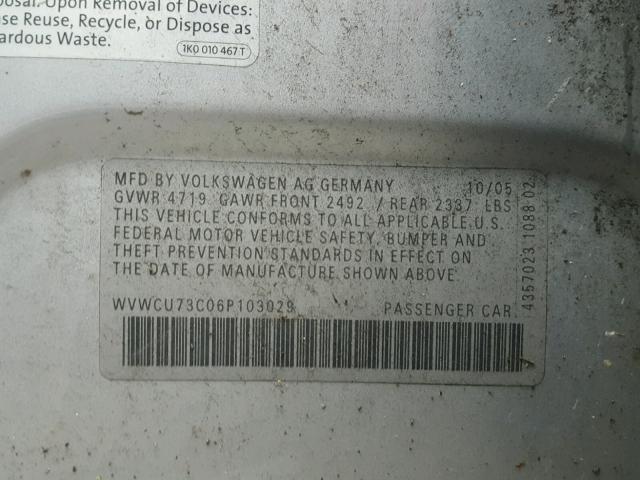 WVWCU73C06P103029 - 2006 VOLKSWAGEN PASSAT 3.6 SILVER photo 10