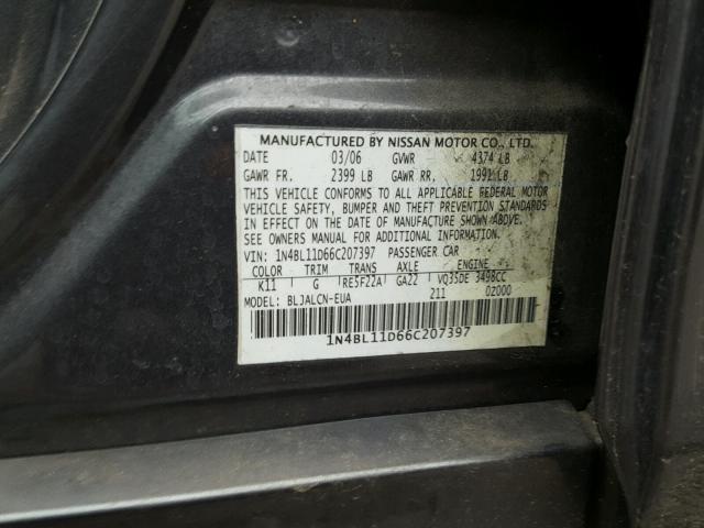 1N4BL11D66C207397 - 2006 NISSAN ALTIMA SE GRAY photo 10