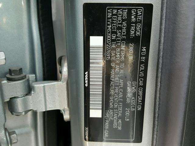 YV1MS390072276915 - 2007 VOLVO S40 2.4I SILVER photo 10