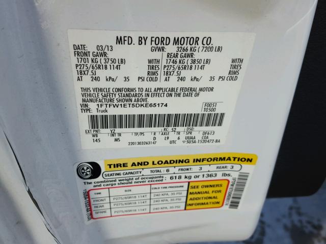 1FTFW1ET5DKE65174 - 2013 FORD F150 SUPER WHITE photo 10