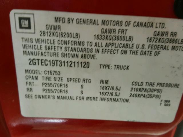 2GTEC19T311211120 - 2001 GMC NEW SIERRA RED photo 10