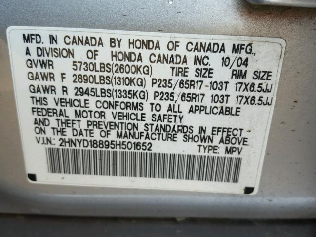 2HNYD18895H501652 - 2005 ACURA MDX TOURIN SILVER photo 10