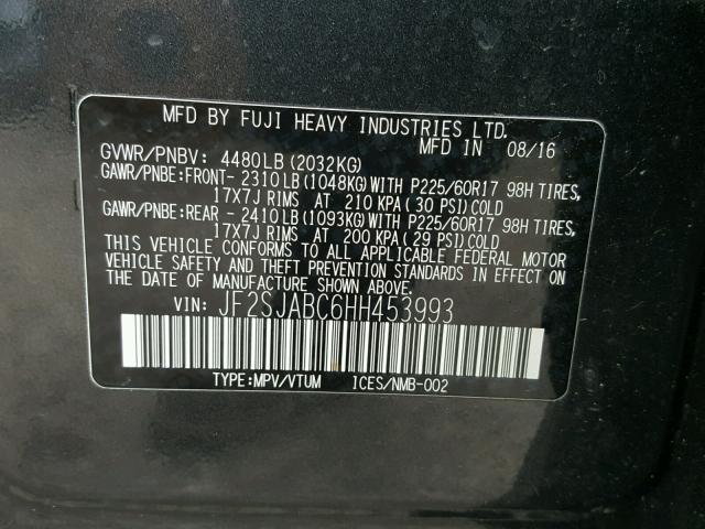 JF2SJABC6HH453993 - 2017 SUBARU FORESTER 2 BLACK photo 10