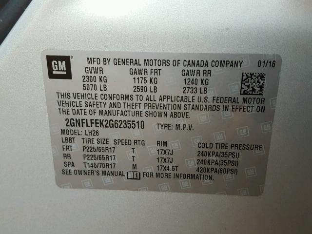 2GNFLFEK2G6235510 - 2016 CHEVROLET EQUINOX LT SILVER photo 10