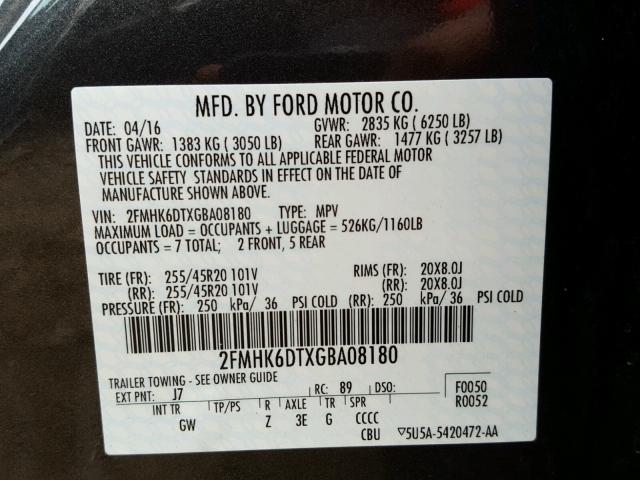 2FMHK6DTXGBA08180 - 2016 FORD FLEX LIMIT GRAY photo 10