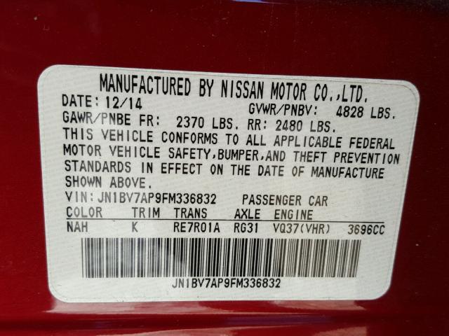 JN1BV7AP9FM336832 - 2015 INFINITI Q50 BASE BURGUNDY photo 10