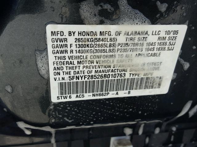 5FNYF28526B010763 - 2006 HONDA PILOT EX CHARCOAL photo 10