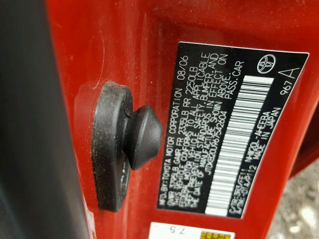 JTDKB20U967542604 - 2006 TOYOTA PRIUS RED photo 10