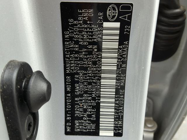 2T1BURHE7GC600340 - 2016 TOYOTA COROLLA L SILVER photo 10