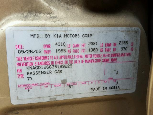 KNAGD126635199229 - 2003 KIA OPTIMA LX GOLD photo 10