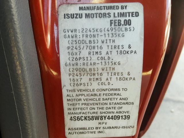 4S6CK58W8Y4409139 - 2000 HONDA PASSPORT E RED photo 10