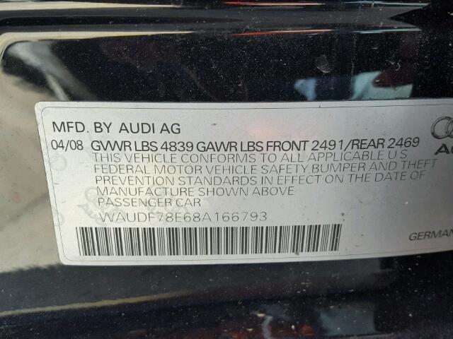 WAUDF78E68A166793 - 2008 AUDI A4 2.0T QU BLACK photo 10