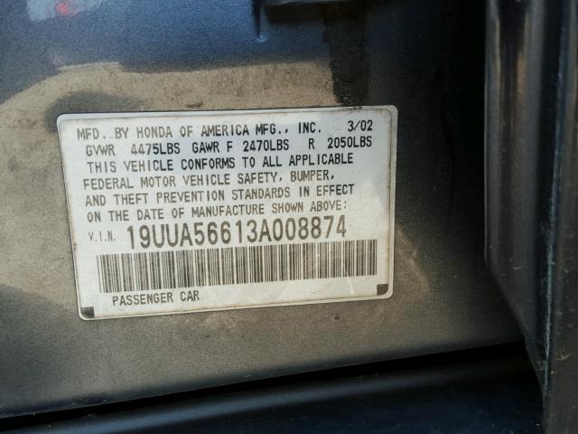 19UUA56613A008874 - 2003 ACURA 3.2TL GRAY photo 10